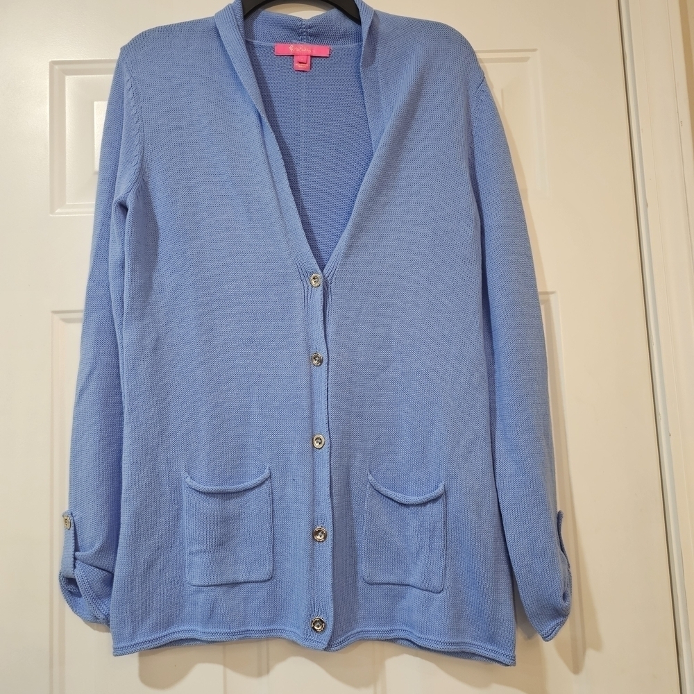 Lilly Pulitzer Light Blue Cardigan Sweater Size Small Gold Buttons Quiet Luxury